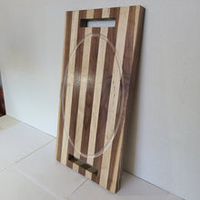 Load image into Gallery viewer, Black Walnut and Maple Cutting Board With Engraved Oval Drip Tray and Handles
