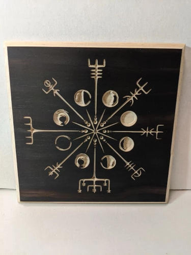 Vikings Compass with Moon Phases Engraved Wood Sign