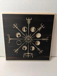 Vikings Compass with Moon Phases Engraved Wood Sign